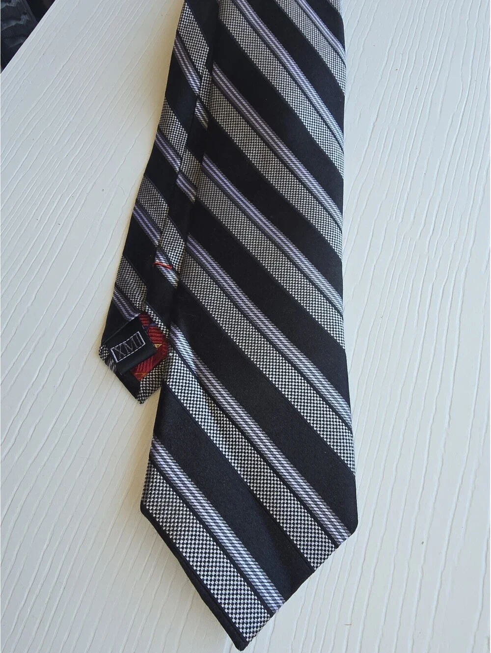 XMI Platinum Black Silver Striped 100% Silk Roffe Men's Necktie